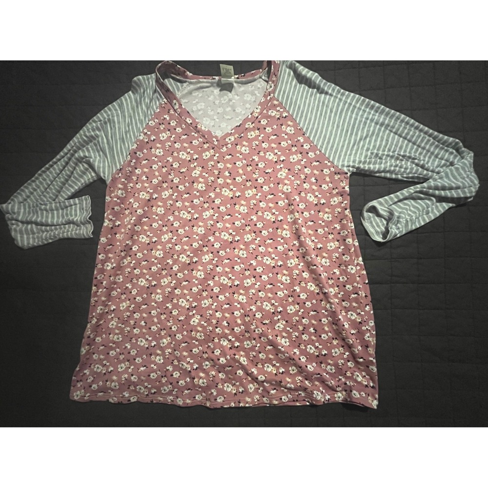 Sew In Love Floral Striped Raglan V-Neck Long Sleeve Top Pink Grey Small